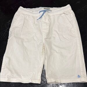 Boys White Penguin Shorts with Blue Drawstring